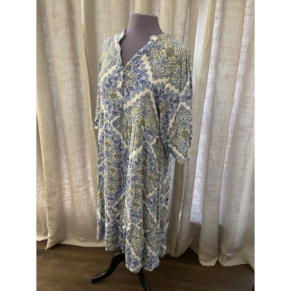 Hope Springs Women's XL Midi Dress Blue White Yellow Paisley Button Front